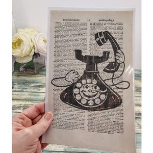 Vintage Rotary Phone Smiling Illustration‎ Dictionary Page Decor Quirky Handmade